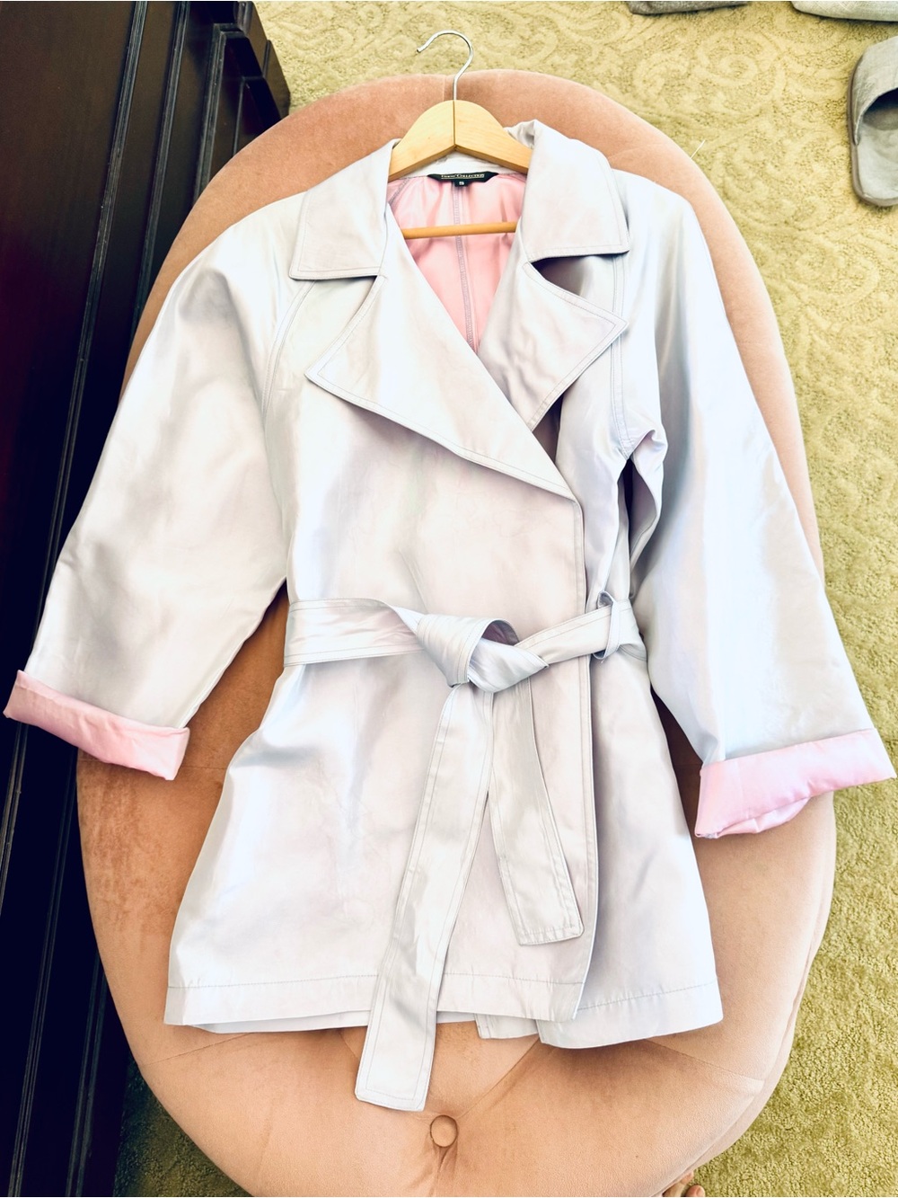 Vintage 1997 Guess Size S Irisdescent Vinyl Trench Coat Lilac Pink Made In USA
